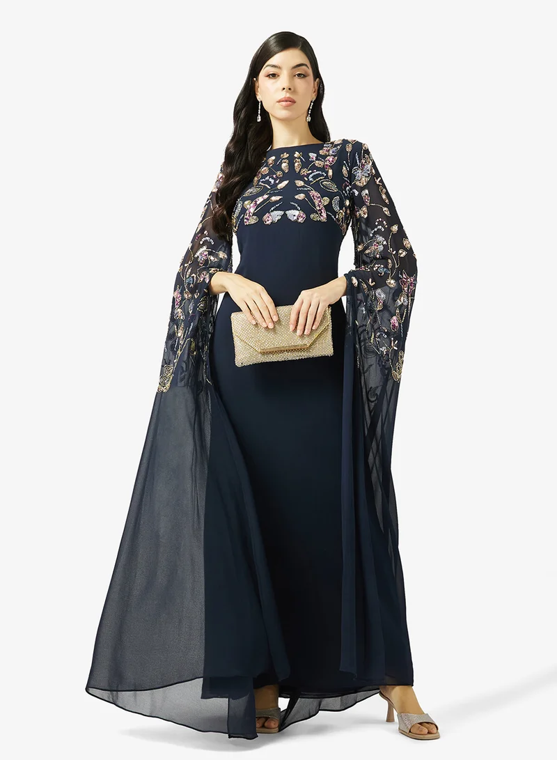 Frock And Frill  Embellished Cape Sleeve Maxi Dress for Women | Best Price UAE